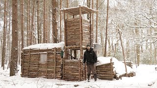 Bushcraft Camp in the Snow  Fire Shelter Axe Cooking Fish [upl. by Conlin]