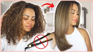 🚫NO FLAT IRON🚫 STRAIGHT HAIR ROUTINE  SALON BLOWOUT AT HOME  HOW TO BLOW DRY CURLY HAIR STRAIGHT [upl. by Flyn]