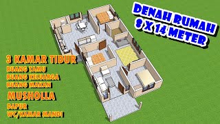 DENAH RUMAH 8 x 14M 3 KAMAR TIDUR DAN TERDAPAT MUSHOLA MDL B 26 [upl. by Montfort]