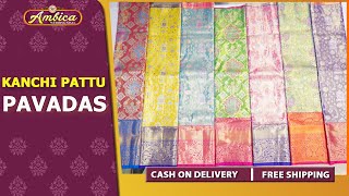 Kanchi Pattu Pavadas  Pattu Sarees  Wholesale  wwwambicaweddingmallcom [upl. by Acisey]