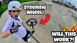 Steering Wheel SCOOTER at the Skatepark Can I trick it [upl. by Bashuk741]