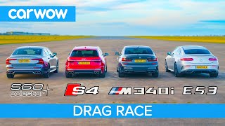 BMW M340i v Audi S4 v AMG E53 v Volvo S60 Polestar DRAG RACE petrol v diesel v hybrid [upl. by Anidem]