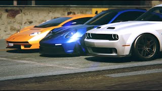 Porsche 911992 GTR RS vs Dodge Challenger Hellcat vs Lamborghini Countatch LPI 8004 [upl. by Ybab]