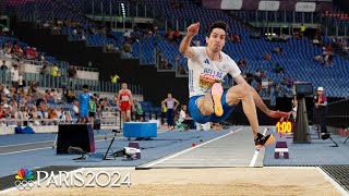 Greeces Miltiadis Tentoglou DEFENDS mens long jump gold medal at Paris Olympics  NBC Sports [upl. by Ynohtnaed177]