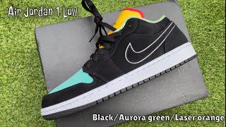 CLOSE LOOK AIR JORDAN 1 LOW BLACKAURORA GREENLASER ORANGE  Plus on feet [upl. by Quigley]