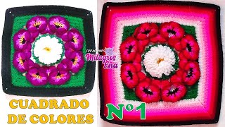 Como tejer el Cuadrado de colores N° 1 a crochet para colchas y cojines paso a paso y FLOR N° 42 [upl. by Radbun416]