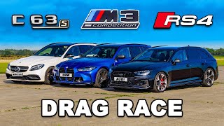 New RS4 Comp v M3 v AMG C63 Estate DRAG RACE [upl. by Neelie591]