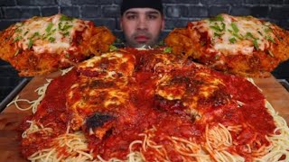 ASMR Bro cheesy fried chicken parmasan spaghetti pasta bake Mukbang bites only [upl. by Yggam282]