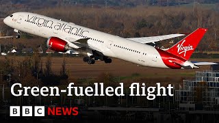 First transatlantic flight using only green fuels takes off  BBC News [upl. by Randolph]