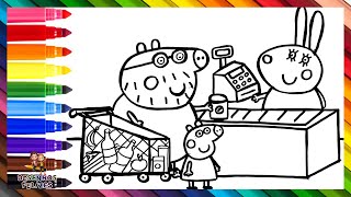 Desenhar e Colorir a Peppa Pig e o Papá Pig no Supermercado 🐷🏪🍝🍎🥛🍾🌈 Desenhos para Crianças [upl. by Ahsikym]