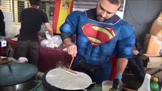 London Street Food French Crepe Prepared by Superman  Funny at Notting Hill Carnival 2014 [upl. by Dermot]