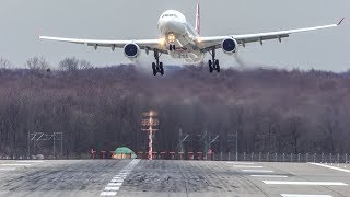 STORM EBERHARDT  Airbus A330 can t LAND  CROSSWIND LANDINGS during a Storm at Düsseldorf 4K [upl. by Airrotal]