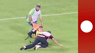 Worst medics ever Injured footballer dropped several times Greece [upl. by Loriner934]