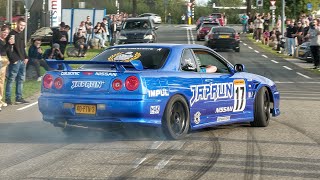 JDM Cars Leaving Go Japan 2023  BURNOUTS 1400HP GTR Pandem Skyline Top Secret Supra 1JZ Silvia [upl. by Nairahcaz997]