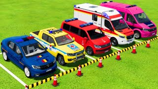 TRANSPORTING DACIA VOLKSWAGEN POLICE VEHICLES amp MERCEDES AMBULANCE CAR WITH MAN TRUCKS  FS22 [upl. by Ocnarfnaig]