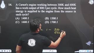 A Carnots engine working between 300K and 600K has a work output of 800 J per cycle How much h [upl. by Larual]