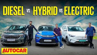 Kia Seltos vs Toyota Hyryder vs MG ZS EV  Diesel Hybrid or Electric  Comparison autocarindia1 [upl. by Ayalahs]