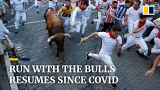 Spain’s annual running of the bulls resumes after 2 years since Covid pandemic with 3 gored so far [upl. by Damek]