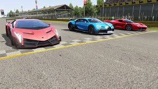 Bugatti Chiron Pur Sport vs Lamborghini Veneno vs Ferrari LaFerrari at Monza Full Course [upl. by Crista434]