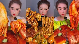 ASMR  Eating Spicy Pork Belly Chinese Mukbang  Enoki Mushroom Skewer  Mukbang Noodles Chinese [upl. by Ennaer737]