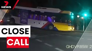 Adelaide Metro bus narrowly misses cars and cyclist in West Terrace close call  7NEWS [upl. by Siusan]