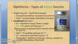 Microbiology 213 e Diptheria Vaccination DPT DaPT DwPT Vaccine Toxoid Immunization Prophylaxis [upl. by Annotahs244]