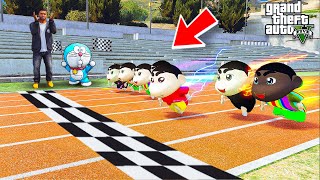 Shin chan amp Shin Chan Brothers Did a Bike Racing with Avengers Super Powerful Bikes GTA 5 in Telugu [upl. by Ardnalak153]