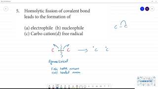 Homolytic fission of covalent bond leads to the formation of c Carbo cationd free radical [upl. by Rika287]