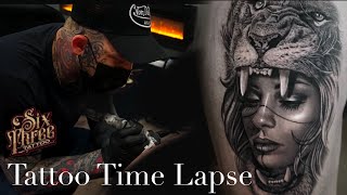 TATTOO TIME LAPSE  GIRL IN LION HEADDRESS  CHRISSY LEE [upl. by Tempa410]