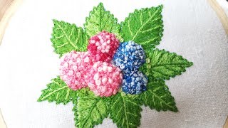 Hand embroidery of hydrangea flowers and leaves [upl. by Kronfeld]