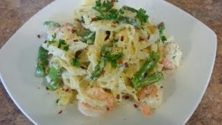 How to make Shrimp and Asparagus Fettuccine Alfredo Pasta recipe [upl. by Os]