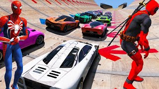 Win Ramps GTA 5 Spiderman and Deadpool team Superheroes cars and Sportcars games [upl. by Yelats]