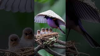 The mother bird uses her wings to support the big leaf in the heavy rain to protect the baby bird [upl. by Nealson]