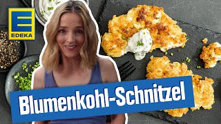 BlumenkohlSchnitzel  Vegetarisches Rezept mit paniertem Blumenkohl und Dip [upl. by Sioled782]