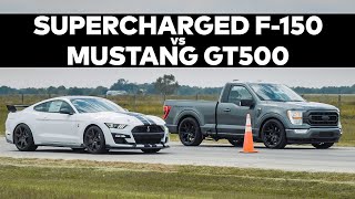 Supercharged 2021 F150 vs GT500 DRAG RACE  VENOM 775 by Hennessey [upl. by Yenahpets]