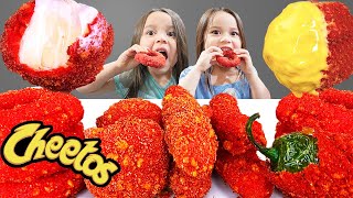 HOT CHEETOS CHEESY BALLS ONION RINGS CHEESE STICKS RECIPE 먹방 RED FOODS MUKBANG [upl. by Nasar]