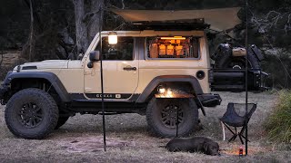 SOLO WINTER Camping  Organised Custom Jeep Cosy setup Relax in tent rain forest ASMR [upl. by Prudie]