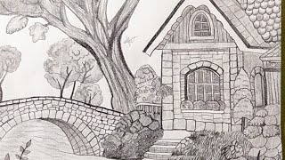 beautiful scene drawing of a house near river  scenery drawing with pencil  nature drawing [upl. by Suoiradal]