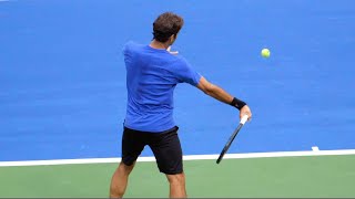 Roger Federer Forehand Slow Motion Court Level View  ATP Modern Tennis Forehand Technique [upl. by Deonne]