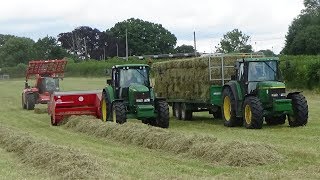 Rowing Up Baling amp Collecting Hay with John Deeres amp Manitou  Small Square Bales  Hay 2019 [upl. by Eciened165]