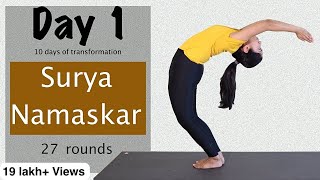 Yoga at Home  Day 1 Surya Namaskar 27 rounds  10 days of transformation  Yogbela [upl. by Vezza]