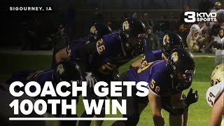 Sigourney Keota Football coach gets 100th win [upl. by Snahc282]