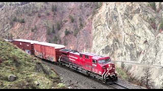 CPKC mixed train curving through the Thompson with a Kansas City Southern rear DPU [upl. by Allx]