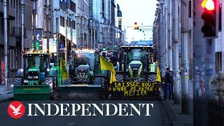 Live Farmers protest with tractors as EU agriculture ministers meet to discuss crisis in sector [upl. by Lillith]