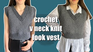 Crochet cropped v neck knit look vest  size adjustable tutorial [upl. by Newman516]