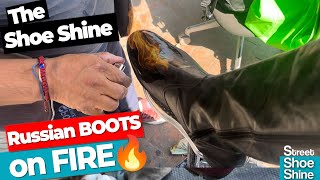 🥾🥾 RUSSIAN Boots on Fire 😴😴 ASMR Shoe Shine 🔥🔥 Fire amp Classic Technique asmr [upl. by Bliss]