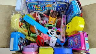 Box full of ultimate amazing stationery items pencil box sharpener watch eraser hot wheels toy [upl. by Ilowell]