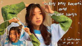 styling long layers  curtain bangs  amp 3 hairstyles to go w it [upl. by Mercedes]