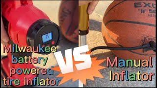 Milwaukee battery powered tire inflator VS Manual Inflator [upl. by Nochur515]