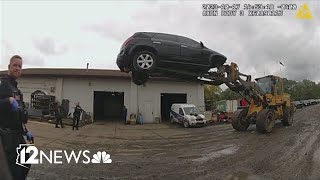 Ohio auto shop employees use forklift to stop a car thief in midair [upl. by Peskoff29]